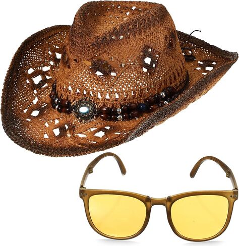 Zhanmai Women Men's Straw Cowboy Cowgirl Hat with Foldable Sunglasses Wide Brim Western Straw Hat Cowboy Costume Accessories in Saudi Arabia