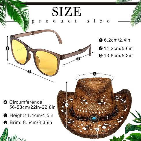 Zhanmai Women Men's Straw Cowboy Cowgirl Hat with Foldable Sunglasses Wide Brim Western Straw Hat Cowboy Costume Accessories in Saudi Arabia