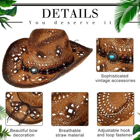 Zhanmai Women Men's Straw Cowboy Cowgirl Hat with Foldable Sunglasses Wide Brim Western Straw Hat Cowboy Costume Accessories in Saudi Arabia