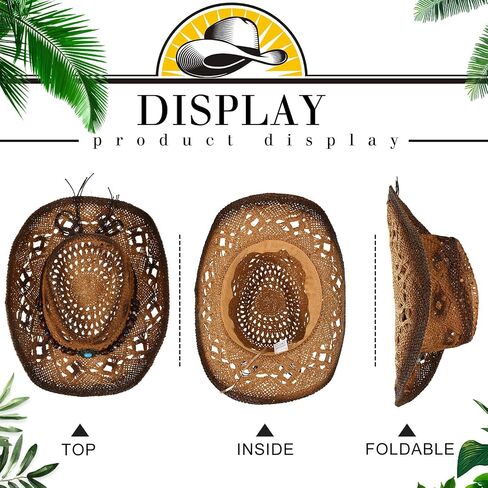 Zhanmai Women Men's Straw Cowboy Cowgirl Hat with Foldable Sunglasses Wide Brim Western Straw Hat Cowboy Costume Accessories in Saudi Arabia