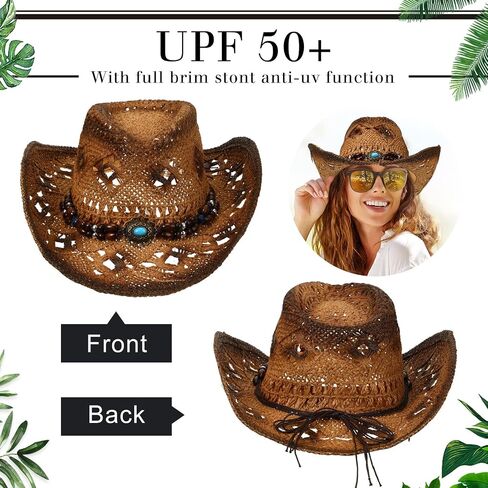 Zhanmai Women Men's Straw Cowboy Cowgirl Hat with Foldable Sunglasses Wide Brim Western Straw Hat Cowboy Costume Accessories in Saudi Arabia