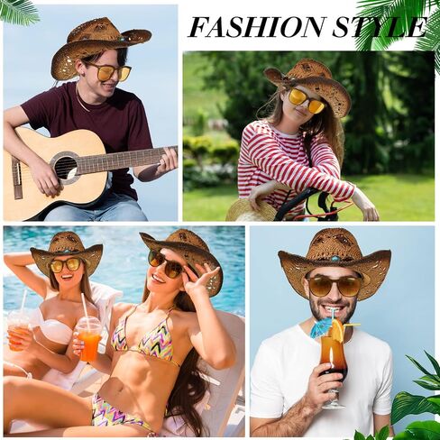 Zhanmai Women Men's Straw Cowboy Cowgirl Hat with Foldable Sunglasses Wide Brim Western Straw Hat Cowboy Costume Accessories in Saudi Arabia