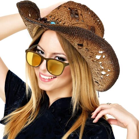 Zhanmai Women Men's Straw Cowboy Cowgirl Hat with Foldable Sunglasses Wide Brim Western Straw Hat Cowboy Costume Accessories in Saudi Arabia