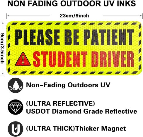 Student Driver Magnet for Car,Please Be Patient Student Driver Sticker Girls and Boys New Student Driver Sticker Safety Warning Signs,High Reflective,Reusable Movable,Set of 3. 3.5" x 9" in Kuwait