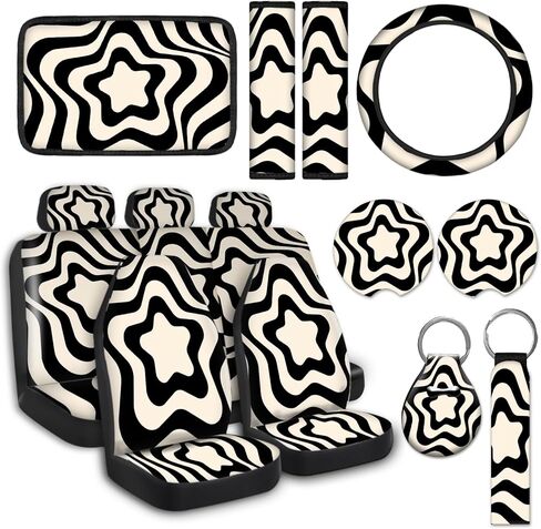 15 قطعة من أغطية مقاعد السيارة السوداء المتموجة مجموعة كاملة للنساء غطاء عجلة قيادة السيارة وحدة التحكم المركزية مسند الذراع وسادة مسند الرأس حزام الأمان أغطية سلسلة المفاتيح لسيارات الدفع الرباعي (فن تجريدي 6) in Kuwait