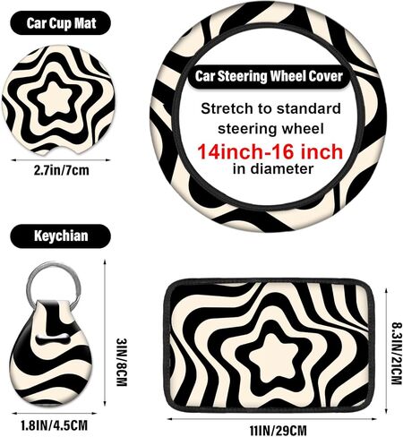 15 قطعة من أغطية مقاعد السيارة السوداء المتموجة مجموعة كاملة للنساء غطاء عجلة قيادة السيارة وحدة التحكم المركزية مسند الذراع وسادة مسند الرأس حزام الأمان أغطية سلسلة المفاتيح لسيارات الدفع الرباعي (فن تجريدي 6) in Kuwait