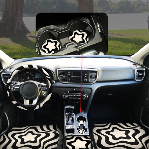 15 قطعة من أغطية مقاعد السيارة السوداء المتموجة مجموعة كاملة للنساء غطاء عجلة قيادة السيارة وحدة التحكم المركزية مسند الذراع وسادة مسند الرأس حزام الأمان أغطية سلسلة المفاتيح لسيارات الدفع الرباعي (فن تجريدي 6) in Kuwait