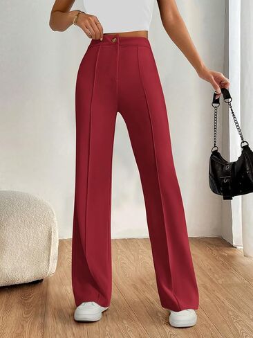 PRETTYGARDEN Straight Leg Pants Stretchy Button Business Casual Work Trousers Knit Elastic Waist Slacks in Kuwait