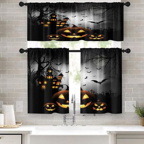 Halloween Kitchen Curtains Pumpkins Window Curtains Valance and Tier Set 36 Inch, Cemetery House Rod Pocket Short Tier Curtain for Room, Spooky Small Cafe Kitchen Decor in Saudi Arabia