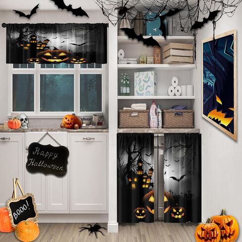 Halloween Kitchen Curtains Pumpkins Window Curtains Valance and Tier Set 36 Inch, Cemetery House Rod Pocket Short Tier Curtain for Room, Spooky Small Cafe Kitchen Decor in Saudi Arabia