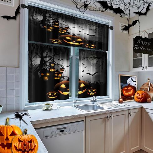 Halloween Kitchen Curtains Pumpkins Window Curtains Valance and Tier Set 36 Inch, Cemetery House Rod Pocket Short Tier Curtain for Room, Spooky Small Cafe Kitchen Decor in Saudi Arabia