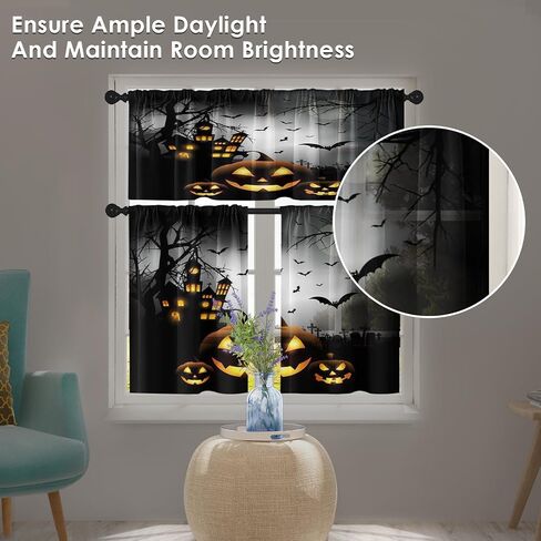 Halloween Kitchen Curtains Pumpkins Window Curtains Valance and Tier Set 36 Inch, Cemetery House Rod Pocket Short Tier Curtain for Room, Spooky Small Cafe Kitchen Decor in Saudi Arabia