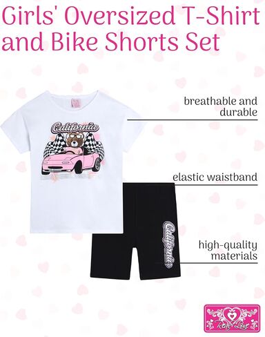 Real Love Girls' Bike Shorts Set - 2 Piece Cute Oversized T-Shirt and Bike Shorts - Matching Summer Outfit for Girls (7-12) in Saudi Arabia