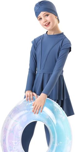 IBAKOM Islamic Modest Swimsuit for Girls Full Body Pleated Skirt Rash Guard Shirt Swim Pant Hijab Toddler Muslim Burkini in Saudi Arabia
