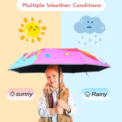 Kids Folding Umbrella Auto Open/Close Anti-rebound Safe Design UV Resistant Automatic Children Travel Umbrellas 8 Rib Reinforced Canopy 360° Reflective Strip Lightweight Cute Umbrella for Girls & Boys in Saudi Arabia
