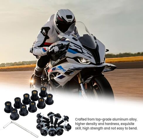 طقم مسامير الزجاج الأمامي للدراجات النارية 10 قطع، براغي وصواميل تثبيت الزجاج الأمامي من سبائك الألومنيوم مع مفتاح ربط لهدايا الدراجات النارية (أسود) in Kuwait