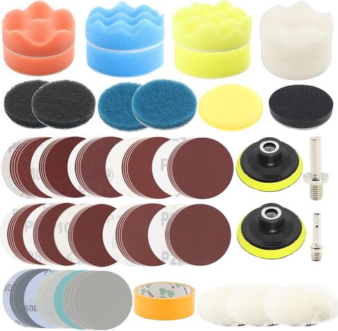 87pcs 3Inch Car Polishing Kit with Sanding Discs,M10 Shank Backing Pad Scouring Pads, Buffing Sponge Pads, Wool Pad, Polishing Buffing Pad in Saudi Arabia