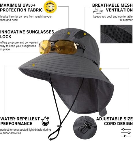 M/L/XL/XXL Unisex Mens Sun Hat with Neck Flap Sunglass Lock UPF 50 Wide Brim Fishing Hats Waterproof & Packable in Kuwait