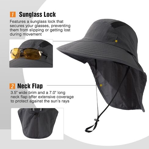 M/L/XL/XXL Unisex Mens Sun Hat with Neck Flap Sunglass Lock UPF 50 Wide Brim Fishing Hats Waterproof & Packable in Kuwait