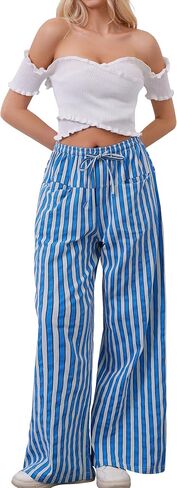 Women Drawstring Stripe Wide Leg Casual Trousers Striped Low Rise Casual Loose Lounge Pants with Pockets in Saudi Arabia