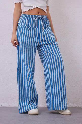 Women Drawstring Stripe Wide Leg Casual Trousers Striped Low Rise Casual Loose Lounge Pants with Pockets in Saudi Arabia