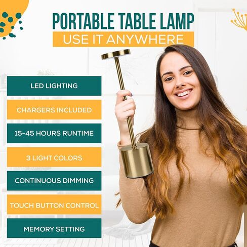 2 Pack Rechargeable Table Lamp (Gold) - 2 USB Chargers Included - LED Cordless Desk Lamp - Battery Operated Table Light - 3 Color Continuous Dimmable for Coffee Table/Indoor/Outdoor Patio Light in Saudi Arabia