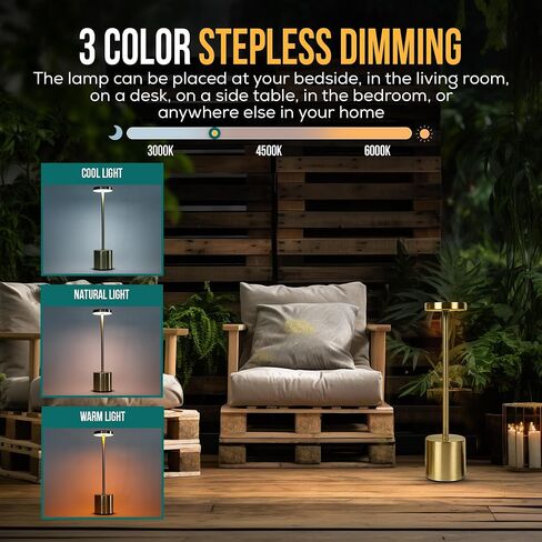 2 Pack Rechargeable Table Lamp (Gold) - 2 USB Chargers Included - LED Cordless Desk Lamp - Battery Operated Table Light - 3 Color Continuous Dimmable for Coffee Table/Indoor/Outdoor Patio Light in Saudi Arabia