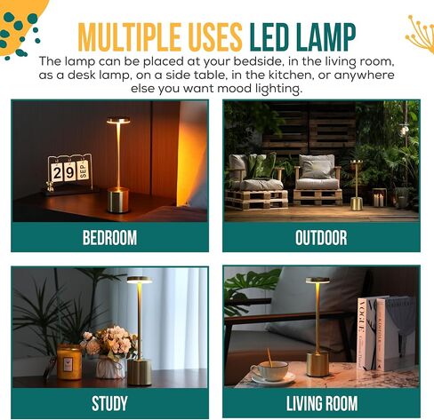 2 Pack Rechargeable Table Lamp (Gold) - 2 USB Chargers Included - LED Cordless Desk Lamp - Battery Operated Table Light - 3 Color Continuous Dimmable for Coffee Table/Indoor/Outdoor Patio Light in Saudi Arabia