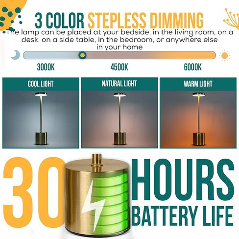 2 Pack Rechargeable Table Lamp (Gold) - 2 USB Chargers Included - LED Cordless Desk Lamp - Battery Operated Table Light - 3 Color Continuous Dimmable for Coffee Table/Indoor/Outdoor Patio Light in Saudi Arabia