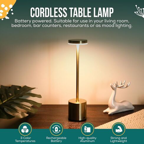 2 Pack Rechargeable Table Lamp (Gold) - 2 USB Chargers Included - LED Cordless Desk Lamp - Battery Operated Table Light - 3 Color Continuous Dimmable for Coffee Table/Indoor/Outdoor Patio Light in Saudi Arabia