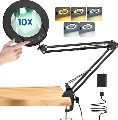 10X Magnifying Glass with Light and Clamp, Real Glass Lighted Magnifier with 5 Color Modes & Stepless Dimmable, Hands Free Desk lamp for Hobbies, Crafts, Reading and Close Work (Black) in Saudi Arabia