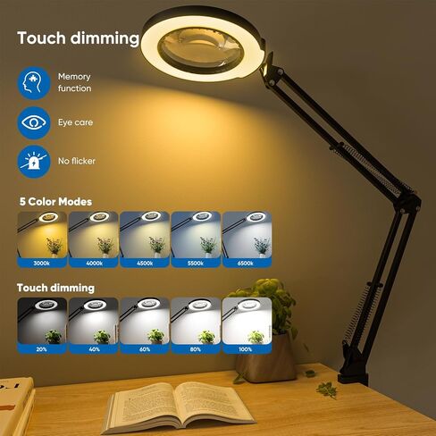 10X Magnifying Glass with Light and Clamp, Real Glass Lighted Magnifier with 5 Color Modes & Stepless Dimmable, Hands Free Desk lamp for Hobbies, Crafts, Reading and Close Work (Black) in Saudi Arabia
