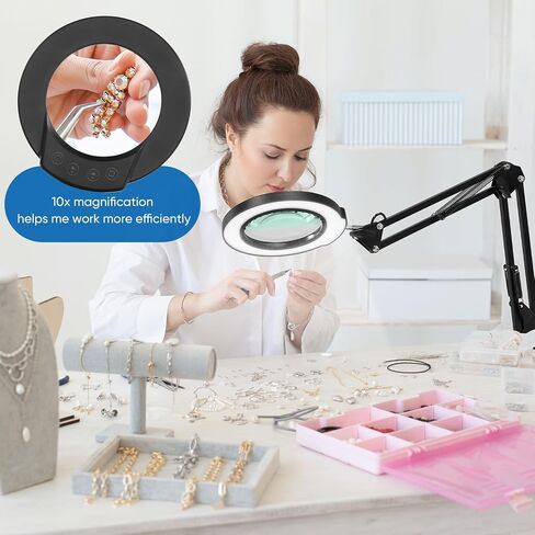 10X Magnifying Glass with Light and Clamp, Real Glass Lighted Magnifier with 5 Color Modes & Stepless Dimmable, Hands Free Desk lamp for Hobbies, Crafts, Reading and Close Work (Black) in Saudi Arabia