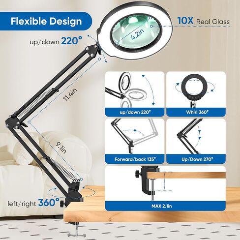10X Magnifying Glass with Light and Clamp, Real Glass Lighted Magnifier with 5 Color Modes & Stepless Dimmable, Hands Free Desk lamp for Hobbies, Crafts, Reading and Close Work (Black) in Saudi Arabia