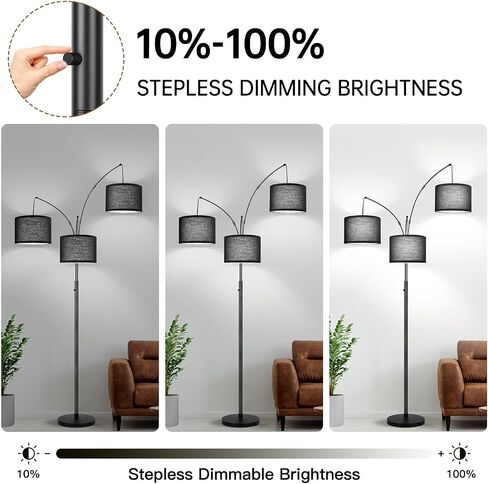 Dimmable Floor Lamp, 3 Lights Arc Floor Lamps for Living Room, Modern Tall Standing Tree Lamp with Gray Linen Shade & Heavy Base, Large Floor Lamp for Bedroom Office, 3x1000 LM LED Bulbs Included in Saudi Arabia
