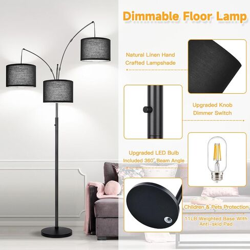 Dimmable Floor Lamp, 3 Lights Arc Floor Lamps for Living Room, Modern Tall Standing Tree Lamp with Gray Linen Shade & Heavy Base, Large Floor Lamp for Bedroom Office, 3x1000 LM LED Bulbs Included in Saudi Arabia