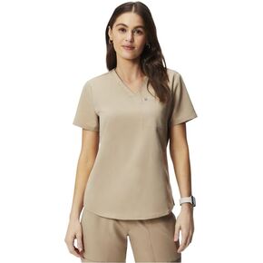 Fabletics Women's Vital 1-Pocket Scrub Top - MotionTech, Wrinkle-Resist, Chest Pocket, Anti-Shrink, Semi-Slim Fit, Chai, Regular, L
