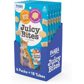 INABA Juicy Bites, Moist & Chewy Cat Treats with Vitamin E and Green Tea Extract, 0.4 Ounces per Pouch, 18 Pouches (3 per Bag), Fish and Clam