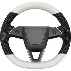 MEWANT Hand Stitched White Leather Steering Wheel Cover for Tesla Model S 2021-2023 / Model X 2021-2023