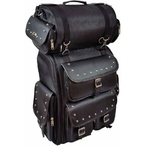 Vance Leathers Large Studded 2 Piece Sissy Bar Bag - Motorcycle Luggage with Multiple Storage Pockets & Removeable Rain Cover