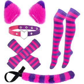 5 Pcs Pink and Purple Striped Cat Costume Set Include Cat Ears Furry Tail Striped Socks and leather choker for Girls Women Halloween Party Dress Up
