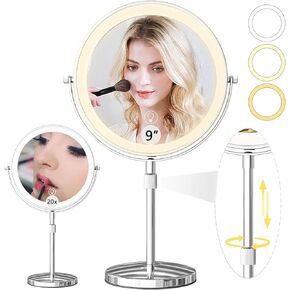 9in Vanity Mirror with Lights, Rechargeable 5000mAh Lighted Makeup Mirror, 1X/20X Double Sided Magnifying Mirror, 360° Rotate, 3 Color Lights, Up to 3800lux, Brightness Adjustable with 80 LEDs,Silvery