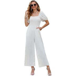 Love Welove Fashion Jumpsuits for Women Dressy Short Sleeve Smocked High Waist Wide Leg Pants Loose Romper Outfits