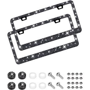 EWBN Bling License Plate Frame for Women, Diamond Car Accessories License Plate Holder,Sparkly Rhinestone Premium Stainless Steel License Plate Cover with Glitter Crystal Caps 2pcs（Black）