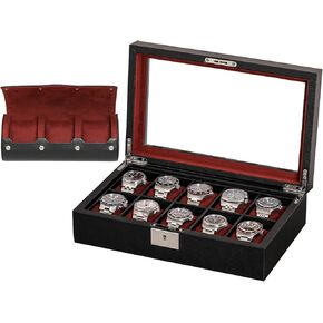 10 Slot Leather Watch Box with Matching 3 Slot Watch Roll - Luxury Watch Case Display Organizer Microsuede Liner, Locking Mens Jewelry Watches Holder, Men's Storage Boxes Holder Glass Top Black/Red