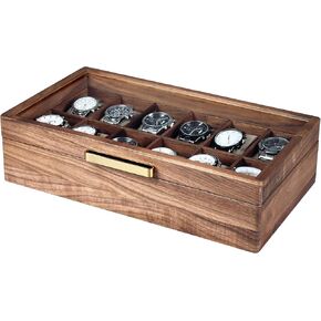 Black Walnut Wood Watch Case for Men, 12-Slot Watch Box With Glass Lid & Watch Pillows, Watch Holder, Watch Display Case, Watch Box Organizer, Watch Storage Solution