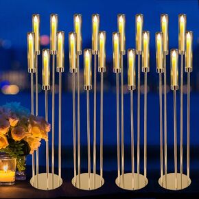 4 Pcs Gold Floor Candelabra Wedding Centerpieces, 5 Arm Metal Candle Holder with 20 White LED Candles, Pillar Taper Candlestick with Acrylic Lampshades for Event Party Home Decor