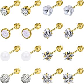 Jenxnjsjo Stud Earrings for Women Hypoallergenic 20g Surgical Steel Safety Locking Screw Back In Post Diamond Studs Earrings for Sensitive Ears Nickel Free