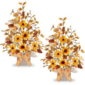 [ 2 Pack & Timer ] TURNMEON Fall Decor Tabletop Fall Tree with 20 LED Battery Operated Eucalyptus Maple Tree Burlap Bowknot Sunflowers Berry Fall Decorations for Home Thanksgiving Halloween Decor