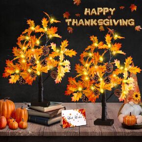 2 Pack Fall Lighted Maple Tree, Fall Decorations for Home 24 Acorns LED Lights Artificial Light up Tree,Fall Tree Lights with 6 PineCones Ornament for Thanksgiving Autumn Harvest Home Decorations